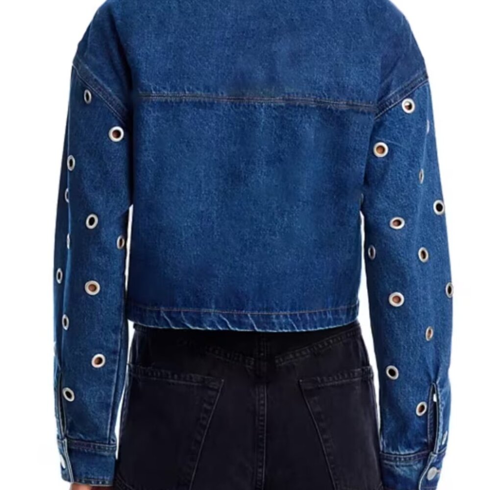 Grommet Eyelet Hollow Out Medium Blue Denim Jacket Size L - Picture 3 of 3